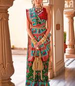 Unique Patola Style Saree With Gold Printed On Green  Silk c