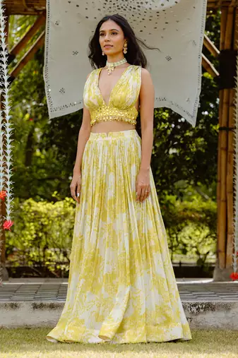 Olive Yellow Printed Lehenga Set