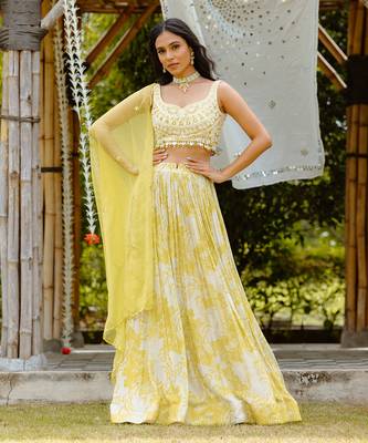 Olive Yellow Printed Georgette Lehenga Set 1