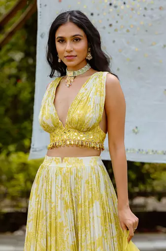Olive Yellow Printed Lehenga Set