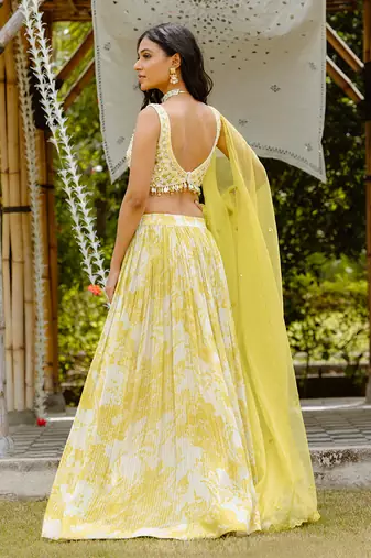 Olive Yellow Printed Georgette Lehenga Set