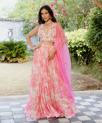 Pink Printed Georgette Hand Embroidered Lehenga Set 1