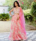 Pink Printed Georgette Hand Embroidered Lehenga Set