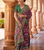 Unique Patola Style Saree With Gold Printed On Wine Silk c