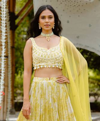 Olive Yellow Printed Georgette Lehenga Set 3