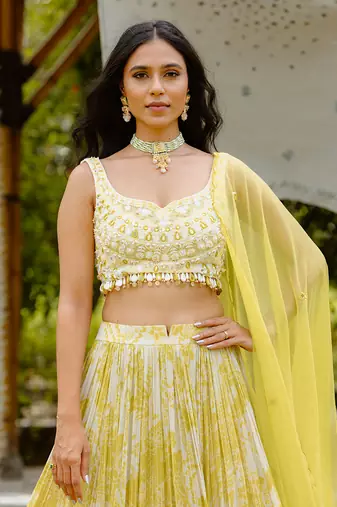 Olive Yellow Printed Georgette Lehenga Set