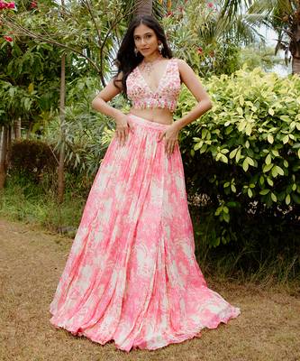 Pink Printed Georgette Hand Embroidered Lehenga Set 2
