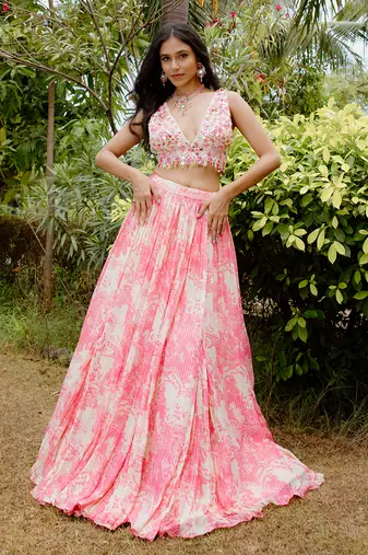 Pink Printed Georgette Hand Embroidered Lehenga Set