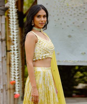 Olive Yellow Printed Georgette Lehenga Set 4