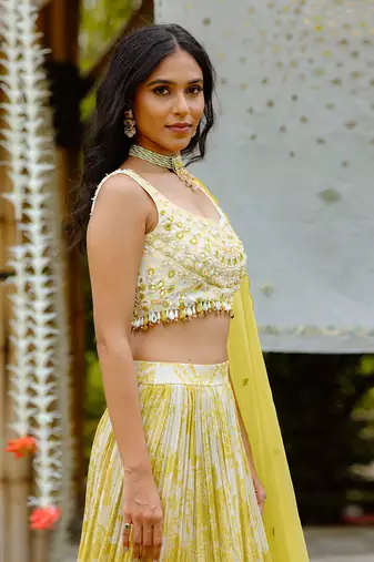 Olive Yellow Printed Georgette Lehenga Set