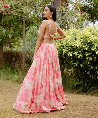 Pink Printed Georgette Hand Embroidered Lehenga Set 3