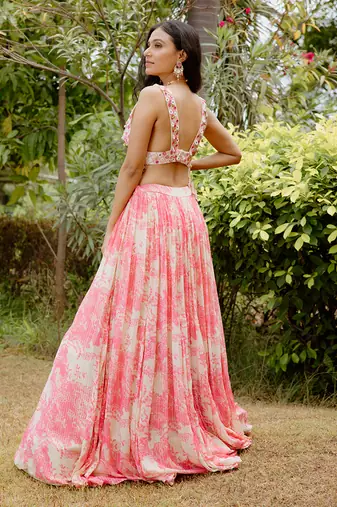 Pink Printed Georgette Hand Embroidered Lehenga Set