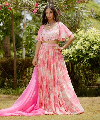 Pink Printed Georgette Lehenga Set 1