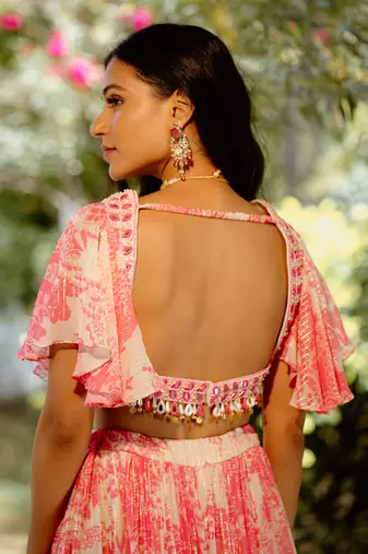 Pink Printed Georgette Lehenga Set