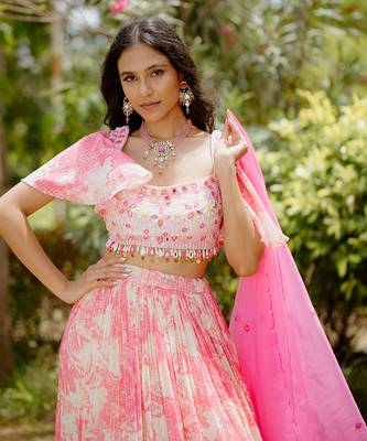 Pink Printed Georgette Lehenga Set 3
