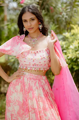 Pink Printed Georgette Lehenga Set