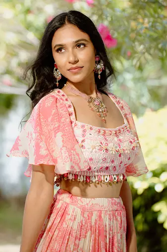 Pink Printed Georgette Lehenga Set