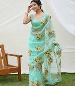 Sea Green Organza Saree With Resham Floral Embroidery Work