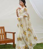 Cream Organza Saree With Resham Floral Embroidery Work