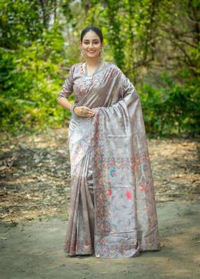 Ethnic Tussar Silk Grey Colour Kalamkari Work Woven Fstive Wear Saree 1