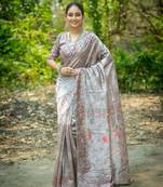 Ethnic Tussar Silk Grey Colour Kalamkari Work Woven Fstive Wear Saree