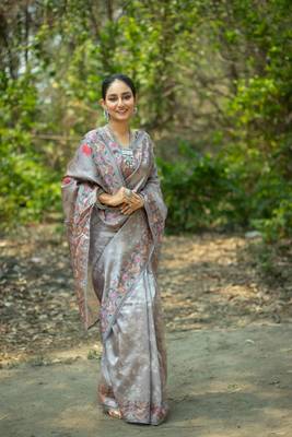 Ethnic Tussar Silk Grey Colour Kalamkari Work Woven Fstive Wear Saree 2
