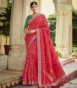 Coral Red Bandhani Banarasi Silk Saree Without Blouse