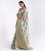 Elegant Grey Linen Silk Thread Embroidered Saree Without Blouse
