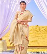 Staggering Double Tone Cream Coloured Jacquard Digital Silk Saree Without Blouse