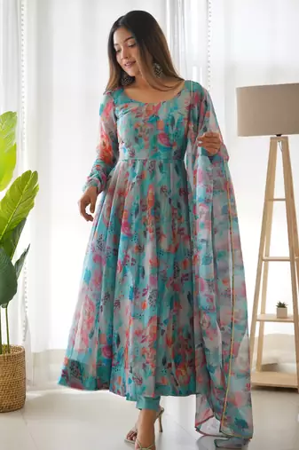 Tabby Organza Silk Fabric Fully Flair Kali Pattern And Canvas Patta Anarkali Kurti With Waist Belt, Duppta And Pent Set