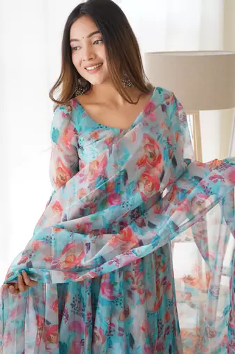 Tabby Organza Silk Fabric Fully Flair Kali Pattern And Canvas Patta Anarkali Kurti With Waist Belt, Duppta And Pent Set