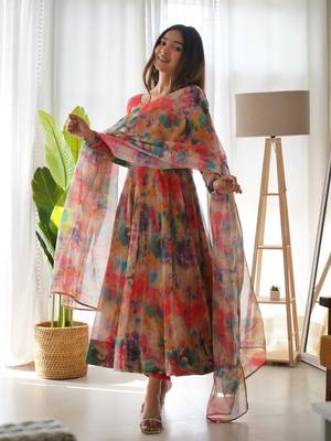 Multicolour Organza Digital Printed Anarkali Set 3