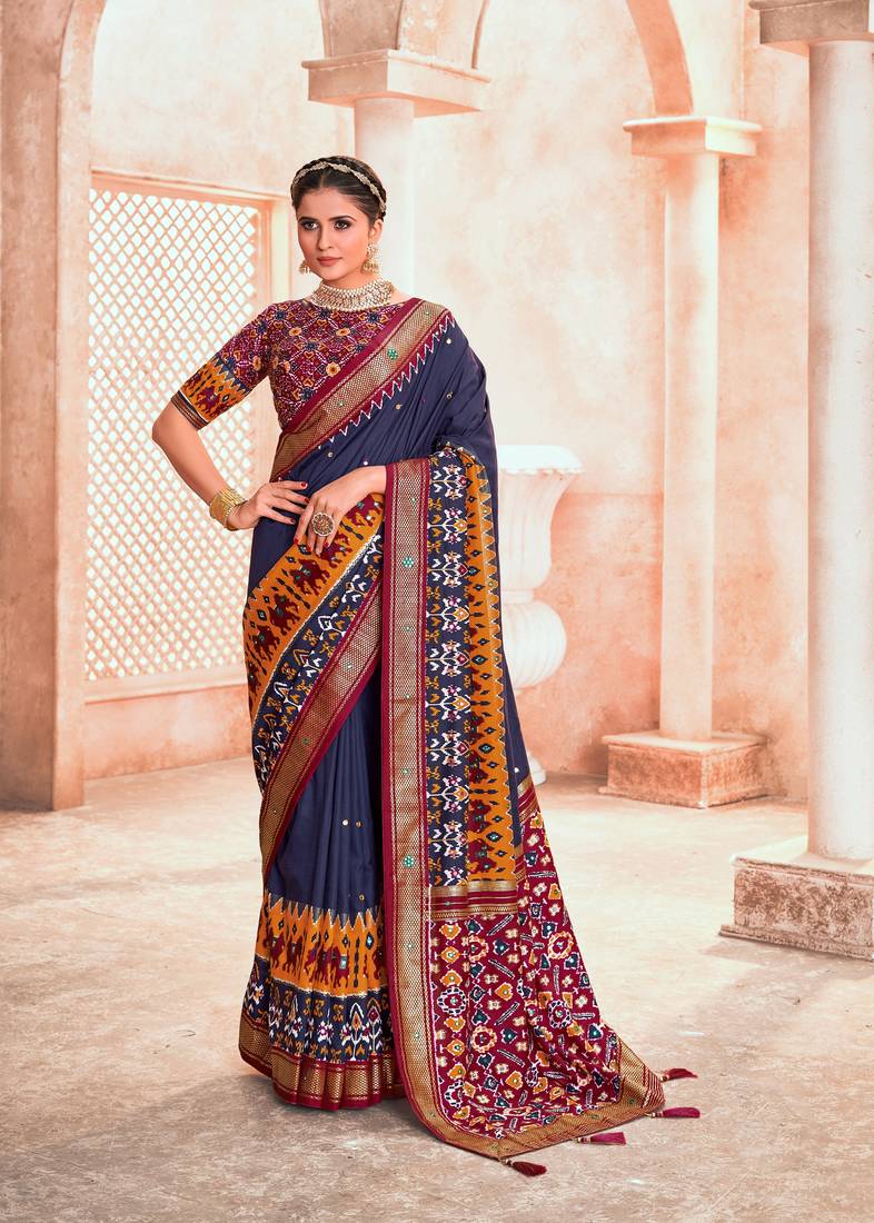 Blue Colour Traditional Ikat Print Woven Designer Cotton Silk