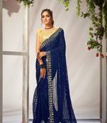 Blue Georgette c Trendy Sequins Work Wedding Party Saree