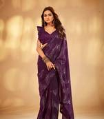 Wine Georgette c Trendy Sequins Work Wedding Party Saree