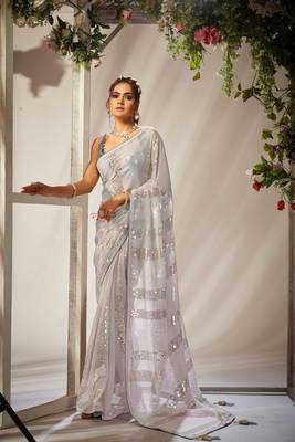 White Sequins Work Partywear Ethnic Saree 1