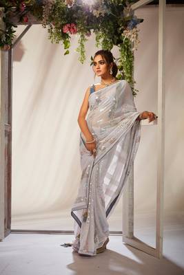 White Sequins Work Partywear Ethnic Saree 2