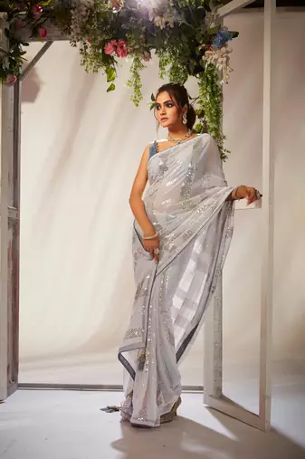 White Sequins Work Partywear Ethnic Saree