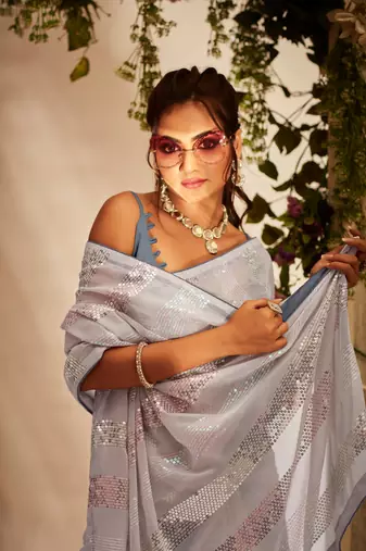 White Sequins Work Partywear Ethnic Saree