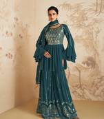 Aqua Colour Ethnic Designer Sequins Work Bollywood Style Palazzo Dress