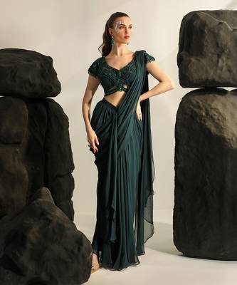 Deep bluish green galia saree set 1