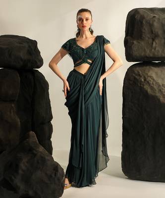 Deep bluish green galia saree set 2