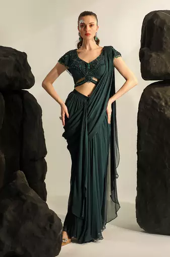 Deep bluish green galia saree set