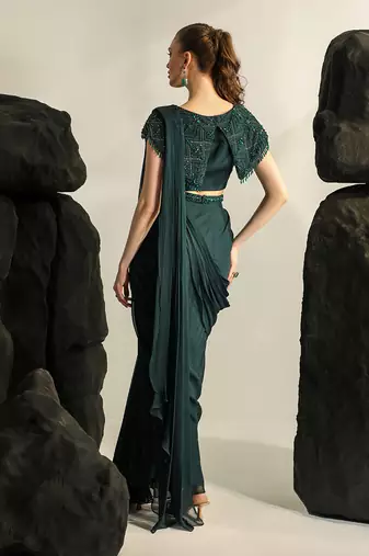 Deep bluish green galia saree set