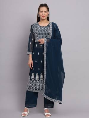 Petrol Colour Nayra Cut Ready to Wear Salwaar Kameez For Party Looks 1