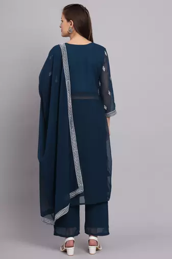Petrol Colour Nayra Cut Ready to Wear Salwaar Kameez For Party Looks