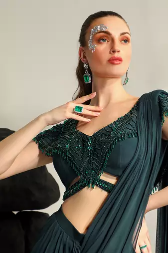 Deep bluish green galia saree set