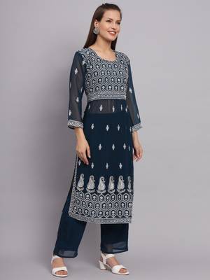 Petrol Colour Nayra Cut Ready to Wear Salwaar Kameez For Party Looks 4