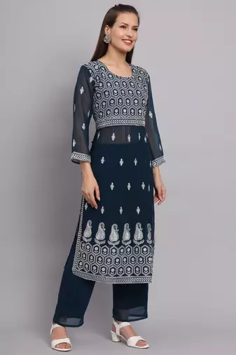 Petrol Colour Nayra Cut Ready to Wear Salwaar Kameez For Party Looks
