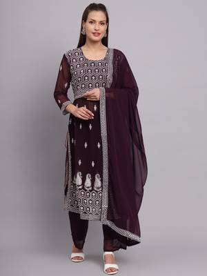 Wine Colour Nayra Cut Ready to Wear Salwaar Kameez For Party Looks 1